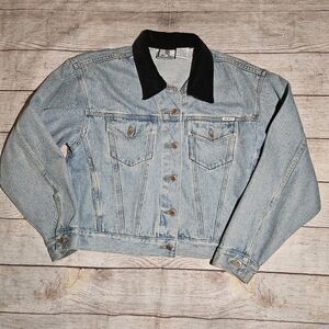 Vintage 90's Bill Blass Denim Black Velvet Collar Button Down Jean Jacket